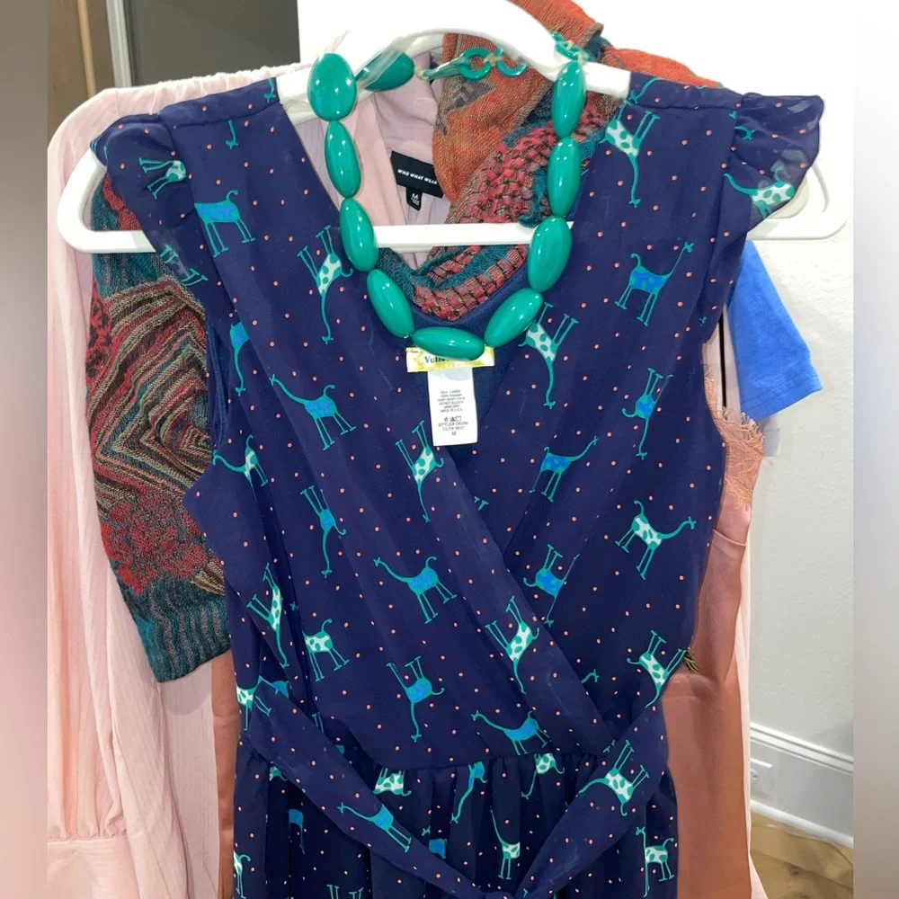 NWOT✨ ModCloth l Navy Giraffe x Polka Dot Faux Wrap Dress - Picture 3 of 11